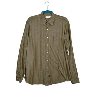 Ike Behar Olive Green Vertical Striped Button Front Shirt USA 100% Cotton
